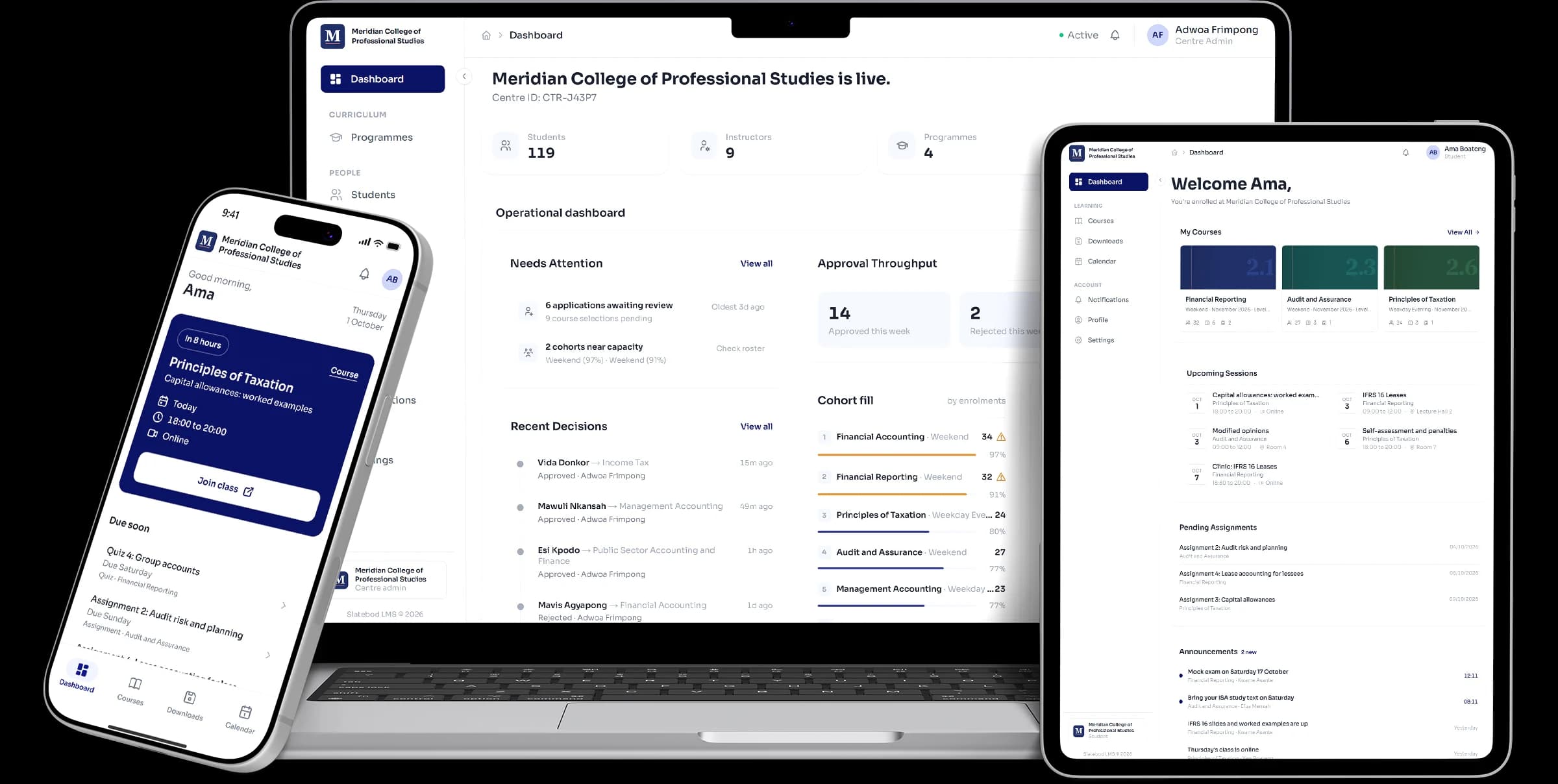 Slatebod on a laptop, a tablet and a phone: the administrator dashboard and the student home