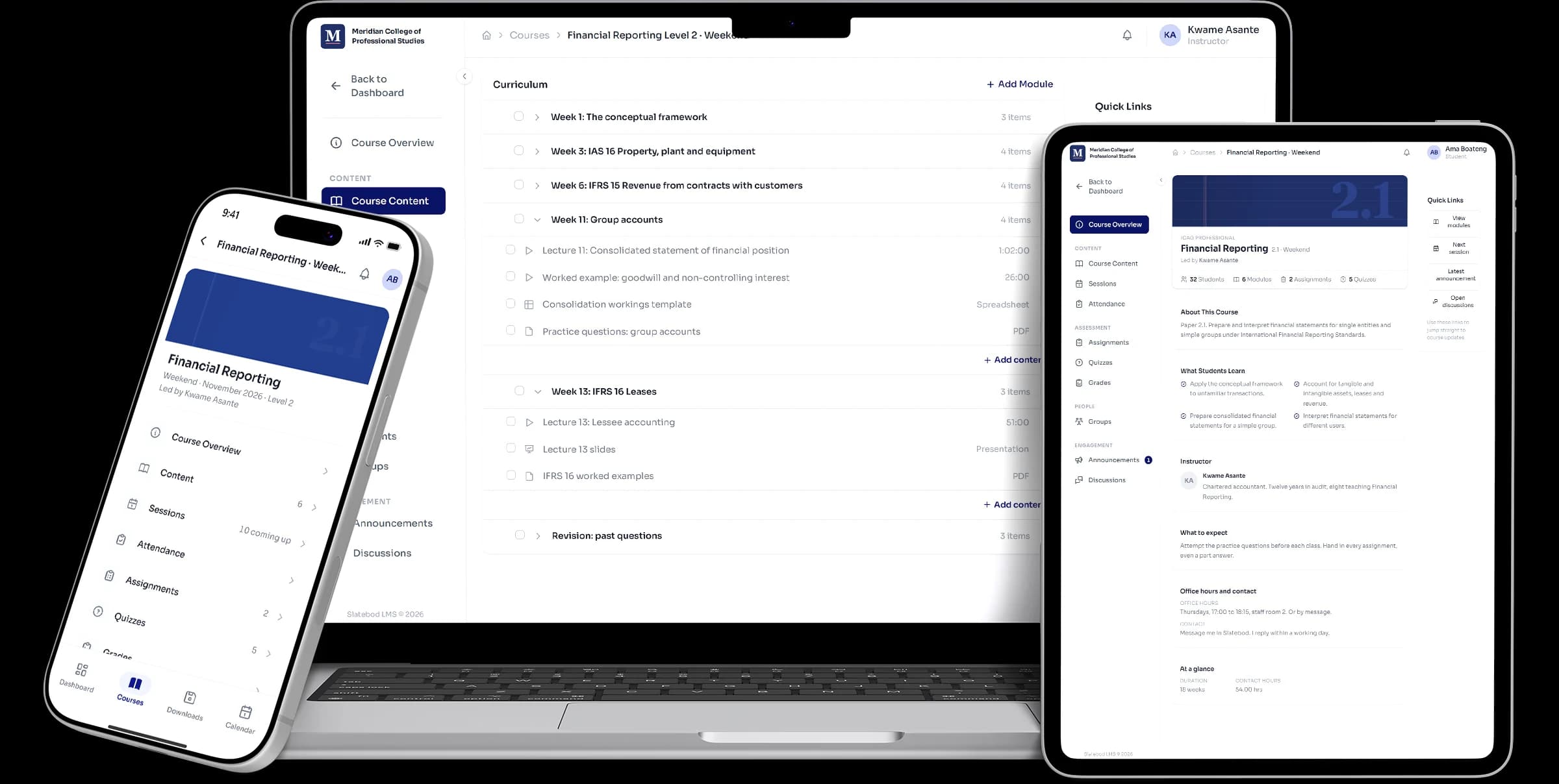 Slatebod LMS on a laptop, a tablet and a phone: an instructor's course and the student's view of it