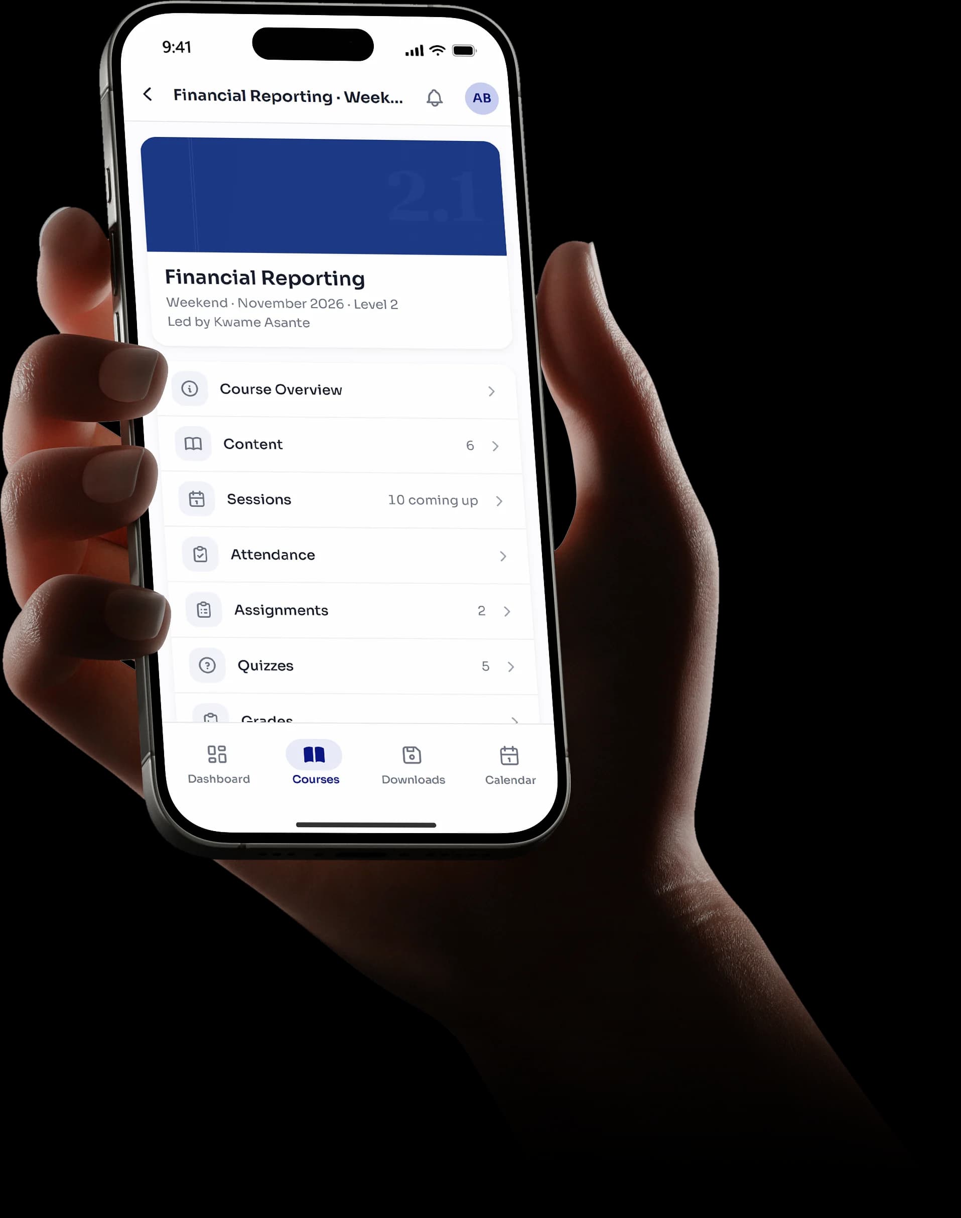 A Slatebod course on a phone, with its content, sessions, attendance, assignments, quizzes and grades