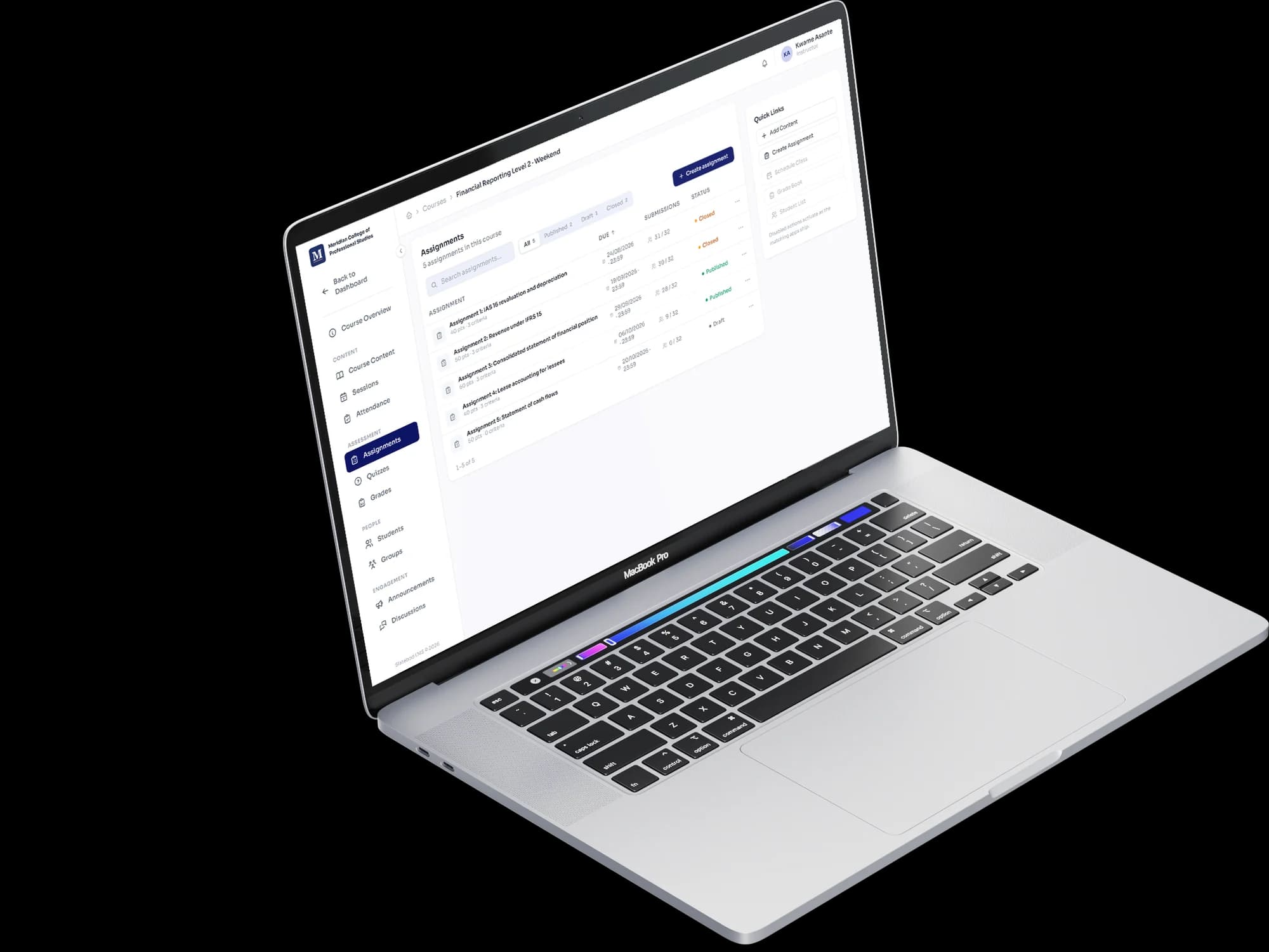 A class's assignments and quizzes in Slatebod LMS, on a laptop