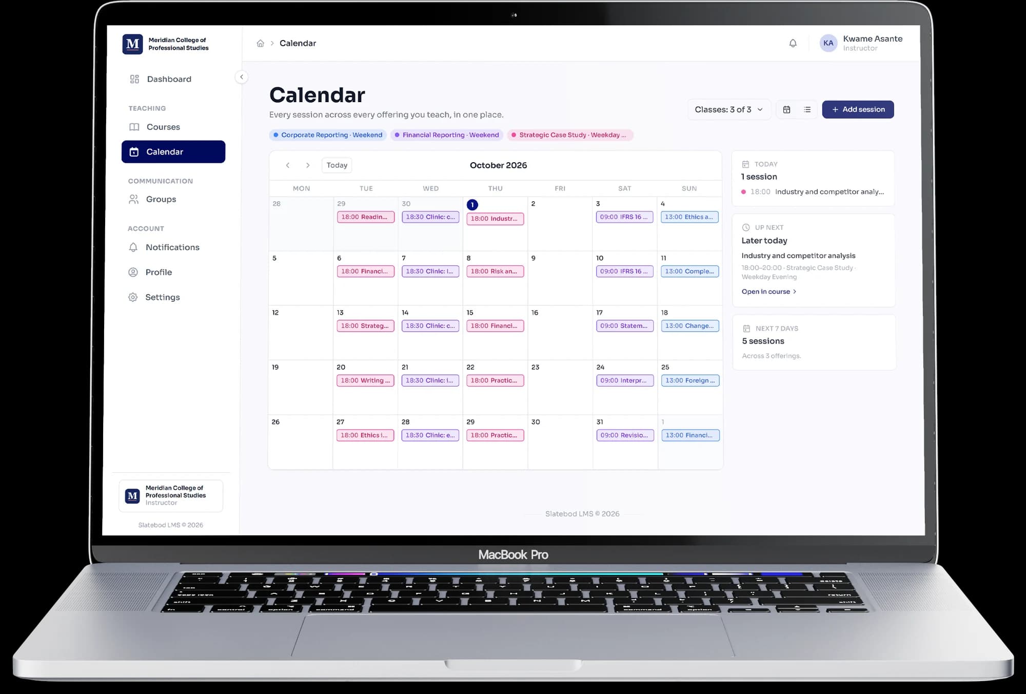 An instructor's calendar of live classes in Slatebod LMS, on a laptop
