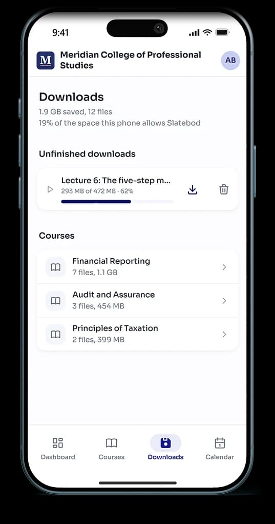 Lectures saved for offline use in Slatebod, on a phone